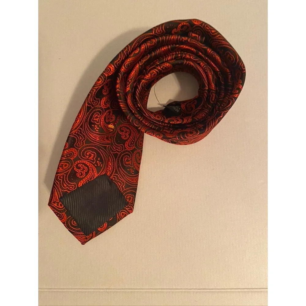 DiBanGu Mens Silk Necktie Orange Black Paisley Woven Hand Tailored Italian Style